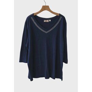 Quacker Factory Embellished V-Neck Tunic 3/4 Sleeve Pullover Top Navy Blue 3XL